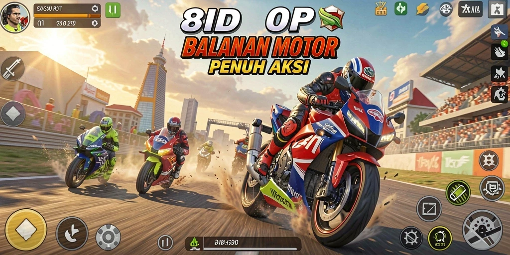Screenshot 8ID menampilkan aksi balapan motor yang mendebarkan.