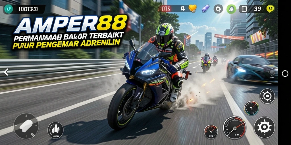 Tampilan gameplay balap motor yang mendebarkan di AMPER88.