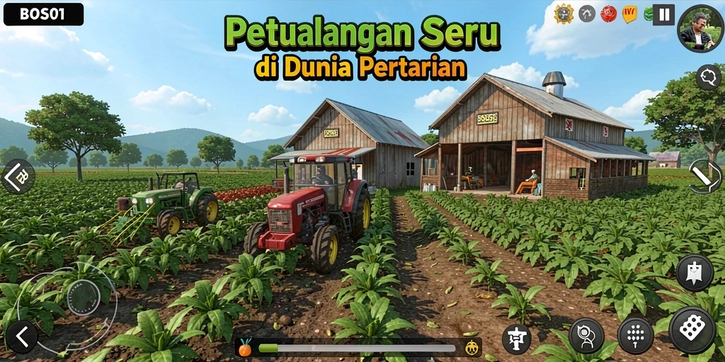 Screenshot gameplay BOS01 menampilkan aktivitas bertani yang menarik.