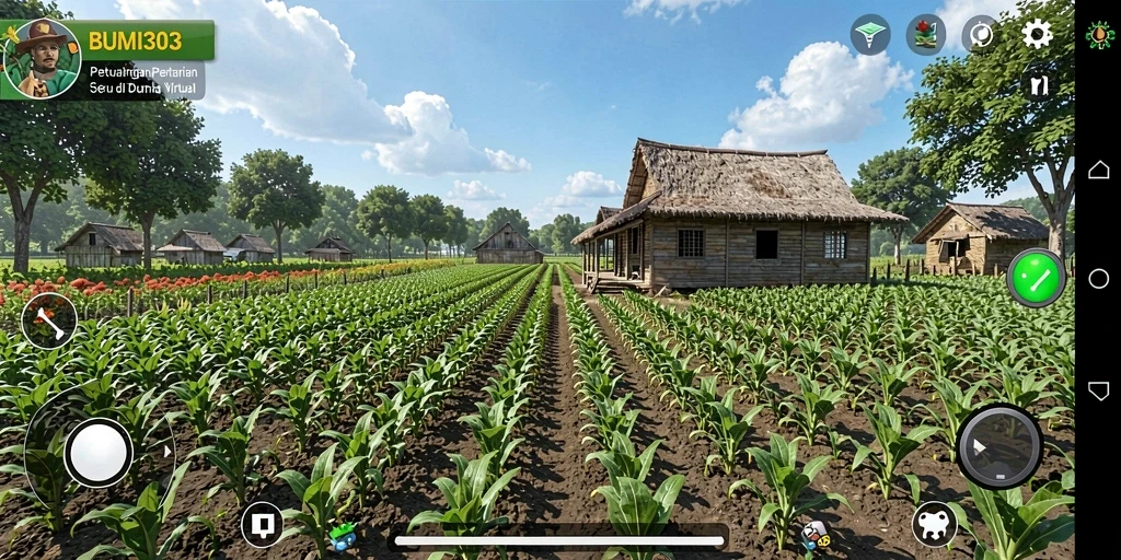 Screenshot dari gameplay BUMI303 menampilkan aktivitas bertani yang dinamis.