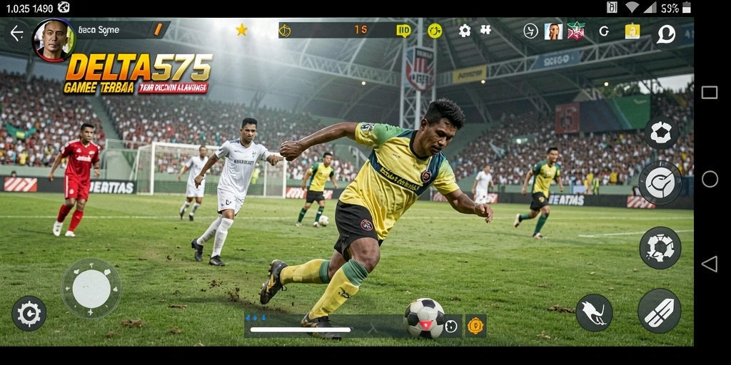 Screenshot gameplay DELTA575 menampilkan momen seru pertandingan sepak bola.