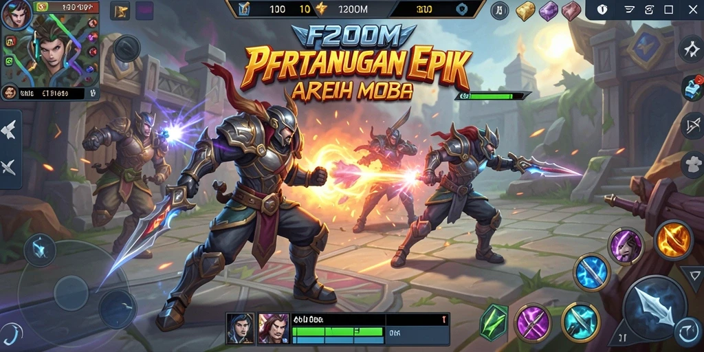 Screenshot gameplay F200M dengan aksi pertarungan seru di arena MOBA.