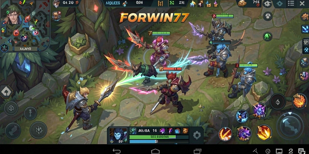 Tampilan gameplay seru di FORWIN77 dengan aksi MOBA yang mendebarkan.