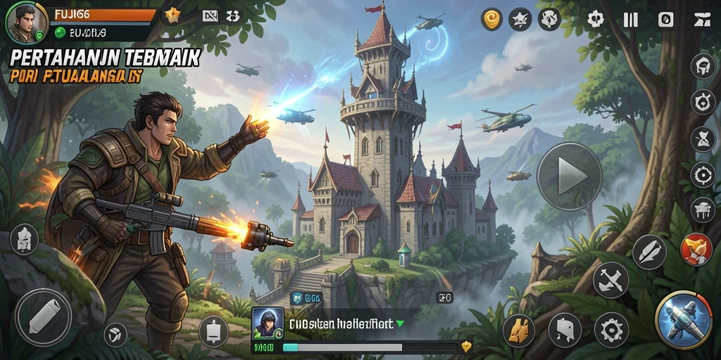 Tampilan gameplay menarik dari FUJI66 dengan menara dan musuh beragam.