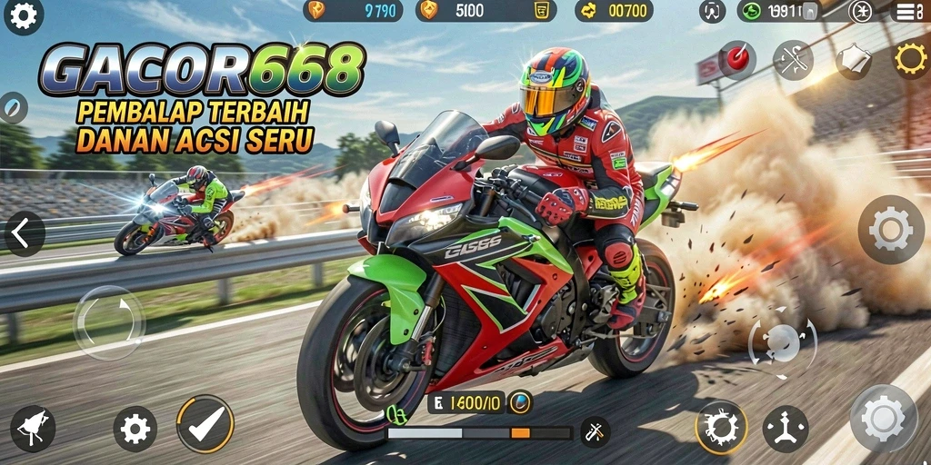 Gameplay seru GACOR668 dengan motor balap di trek yang menantang.