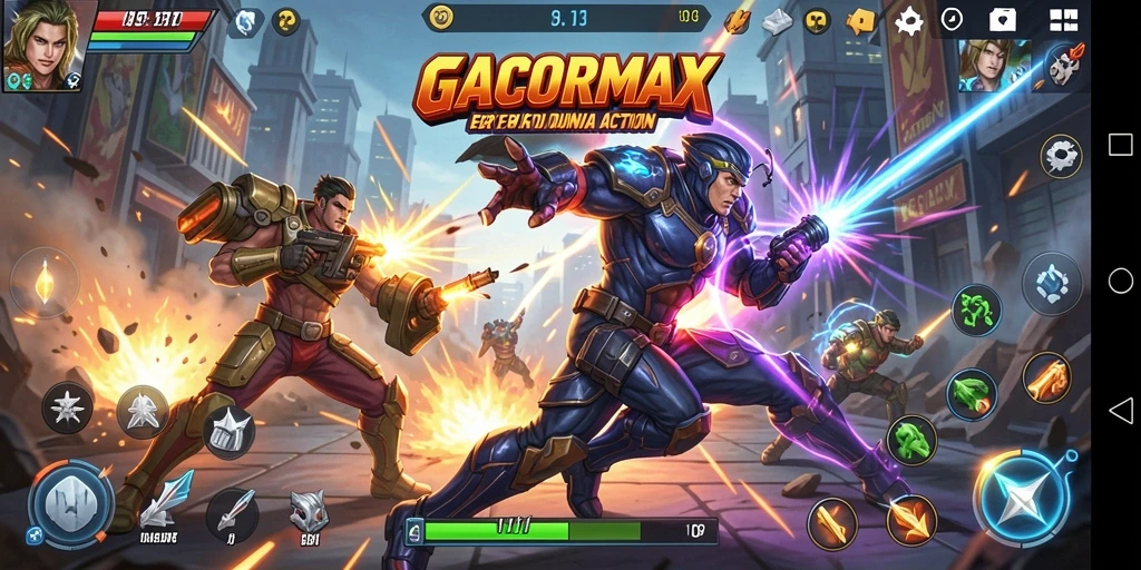 Screenshot utama GACORMAX menampilkan aksi intens dalam pertarungan.
