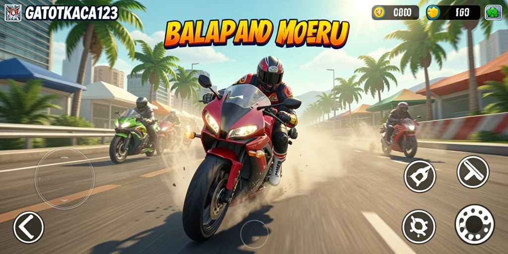 Screenshot gameplay GATOTKACA123 menampilkan aksi balapan motor yang mendebarkan.
