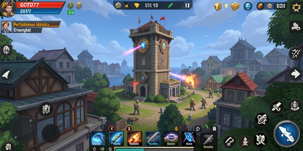 Screenshot utama GOTO77 menampilkan aksi pertahanan menara yang mendebarkan.