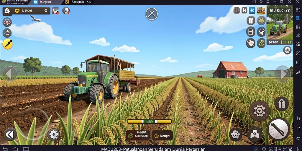 Tangkapan layar gameplay MADU303 menampilkan lahan pertanian yang subur dan interaksi sosial pemain.