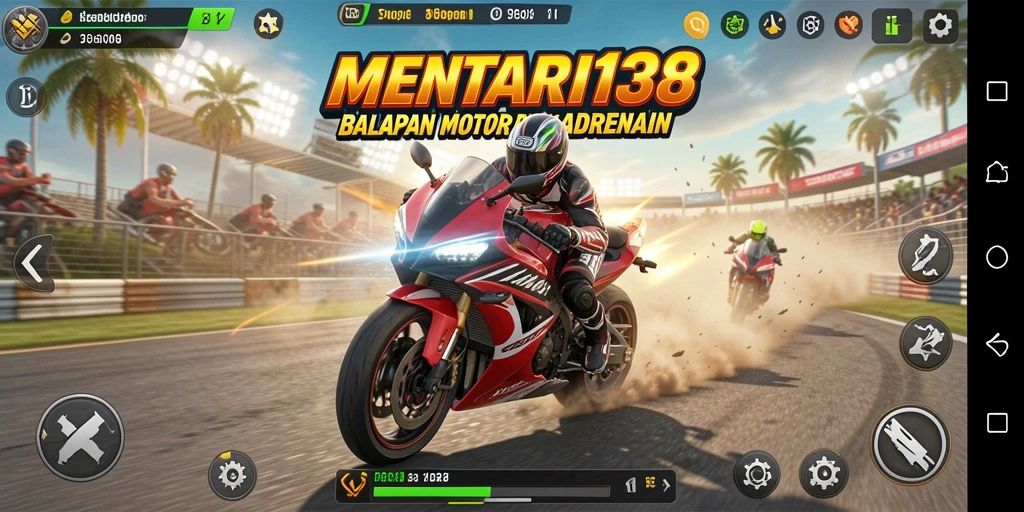 Screenshot utama MENTARI138 menampilkan aksi balapan motor yang menggembirakan.