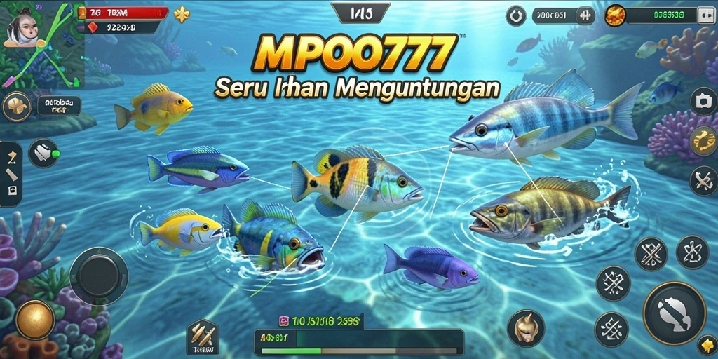 Screenshot gameplay MPO777 dengan banyak ikan yang berenang.