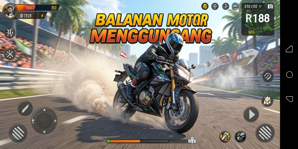 Screenshot gameplay RI188 menampilkan aksi balapan motor yang seru.