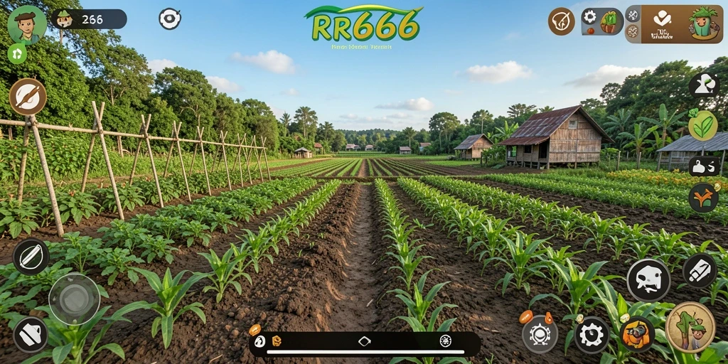Screenshot gameplay RR666 menampilkan ladang tanaman yang indah dan aktivitas bertani.