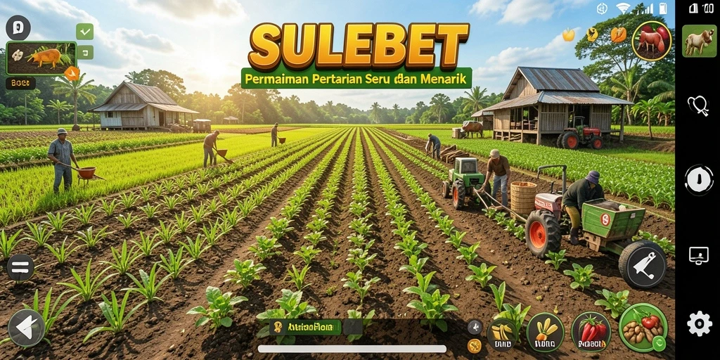 Screenshot gameplay SULEBET menunjukkan ladang yang luas dan tanaman yang beragam.