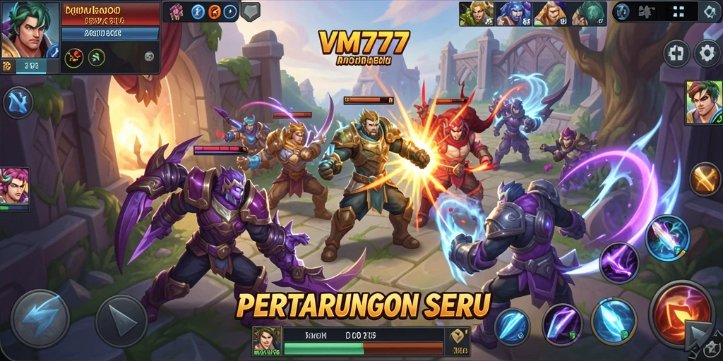 Tangkapan layar menunjukkan pertarungan seru antara karakter dalam game MOBA.